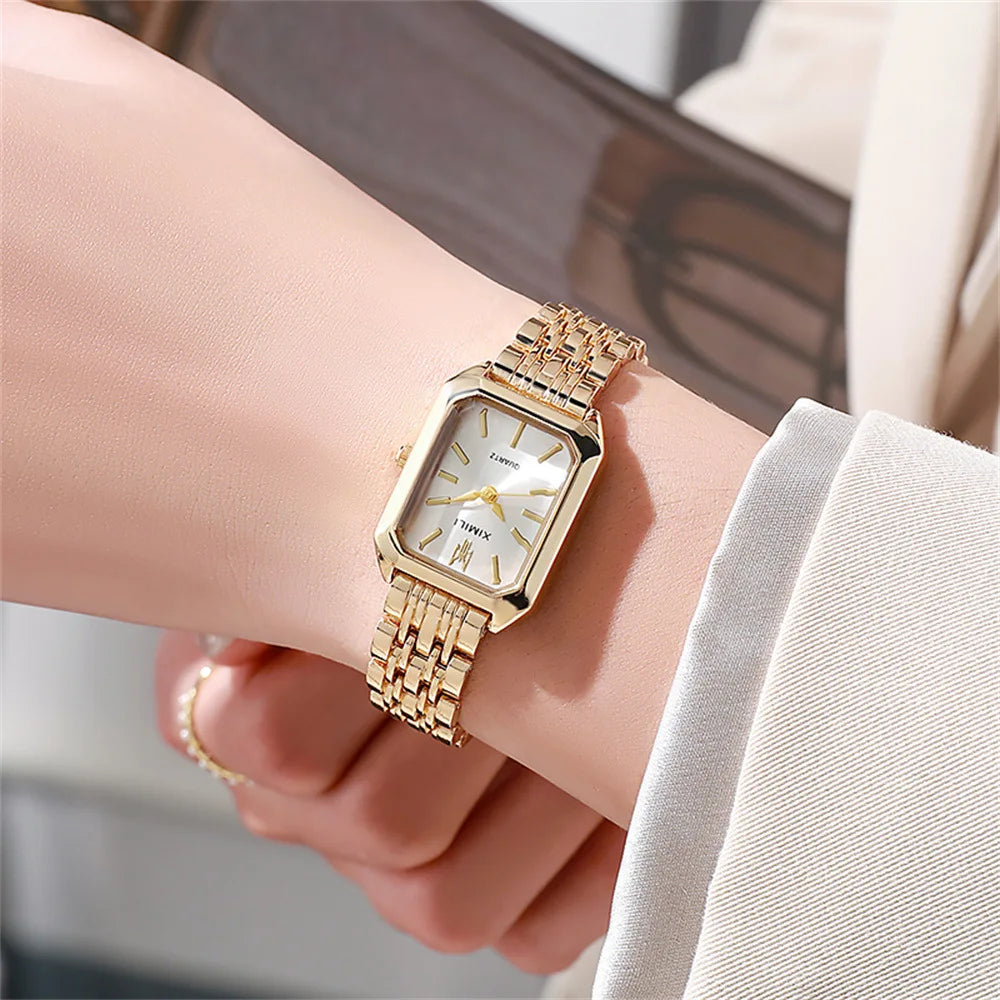 Women's Luxury Square Quartz Watch with Gold Alloy Strap - Smarsty