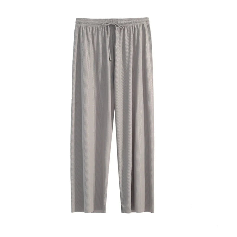 Women Ankle-Length Wide Leg Pants Casual Summer Solid Elastic Waist Loose Ice Silk Pants Spring Summer Female Trousers - Smarsty