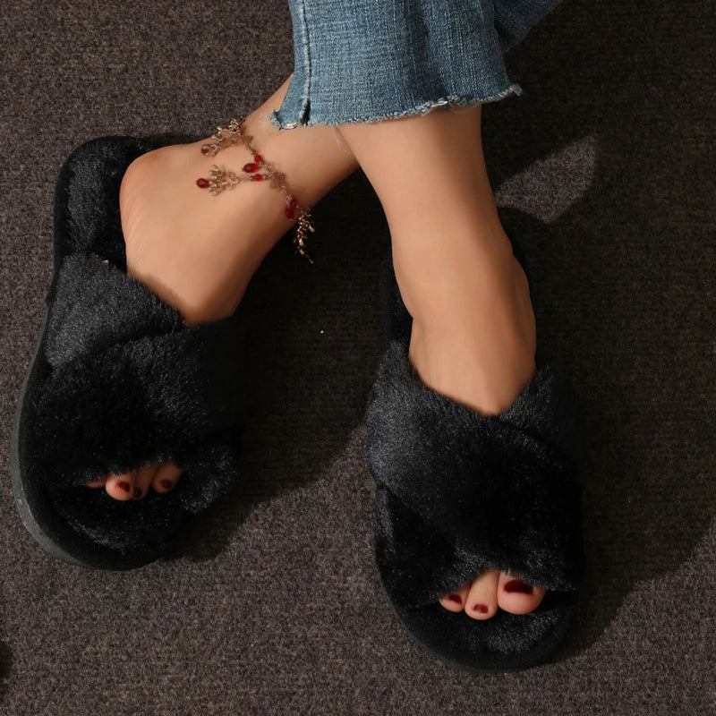 Cross Warm Fluffy Furry Slippers Women Lightweight Flat Heels Fur Slides Woman Autumn Winter Open Toe Non Slip Home Floor Shoes