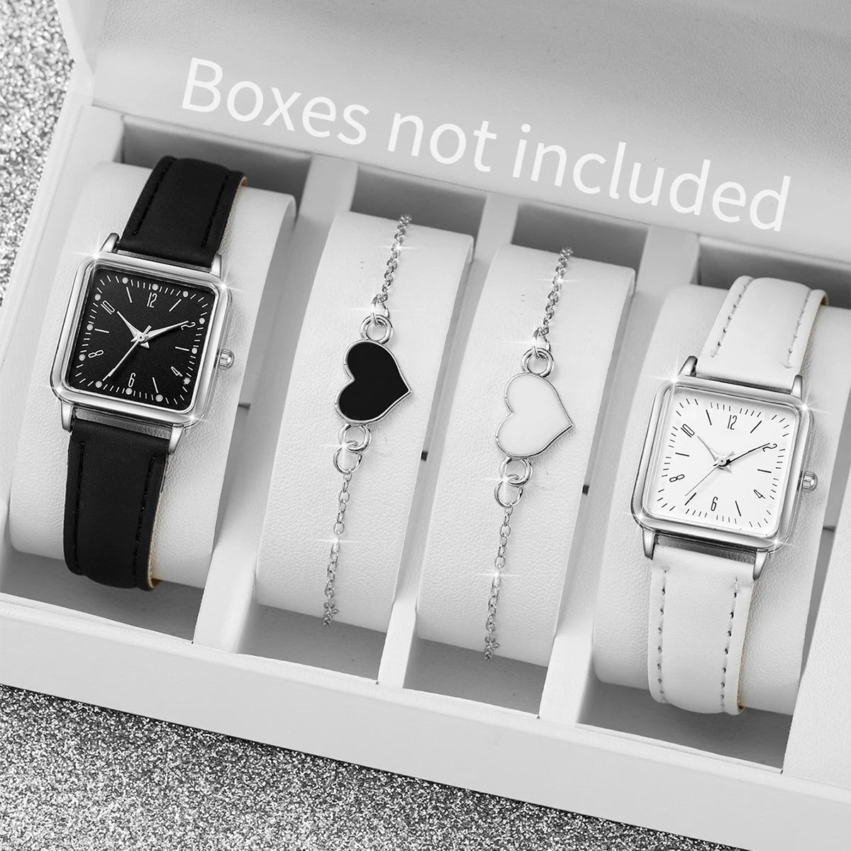2/4PCS Fashion Square Women's Watch Leather Band Quartz Watches Heart Bracelet Set(Without Box) - Smarsty