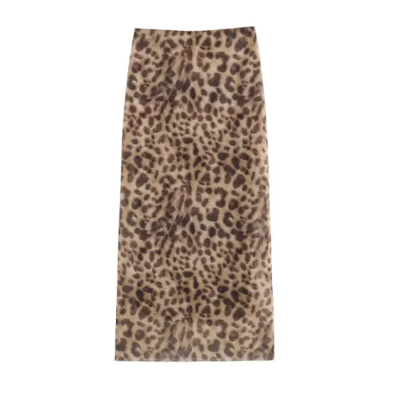 Women Leopard Tulle Midi Skirt 2024 Summer Fashion High Waist Elasticated Waistband Long Skirts Streetwear - Smarsty