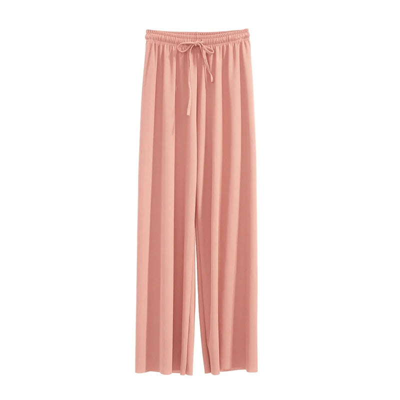 Women Ankle-Length Wide Leg Pants Casual Summer Solid Elastic Waist Loose Ice Silk Pants Spring Summer Female Trousers - Smarsty