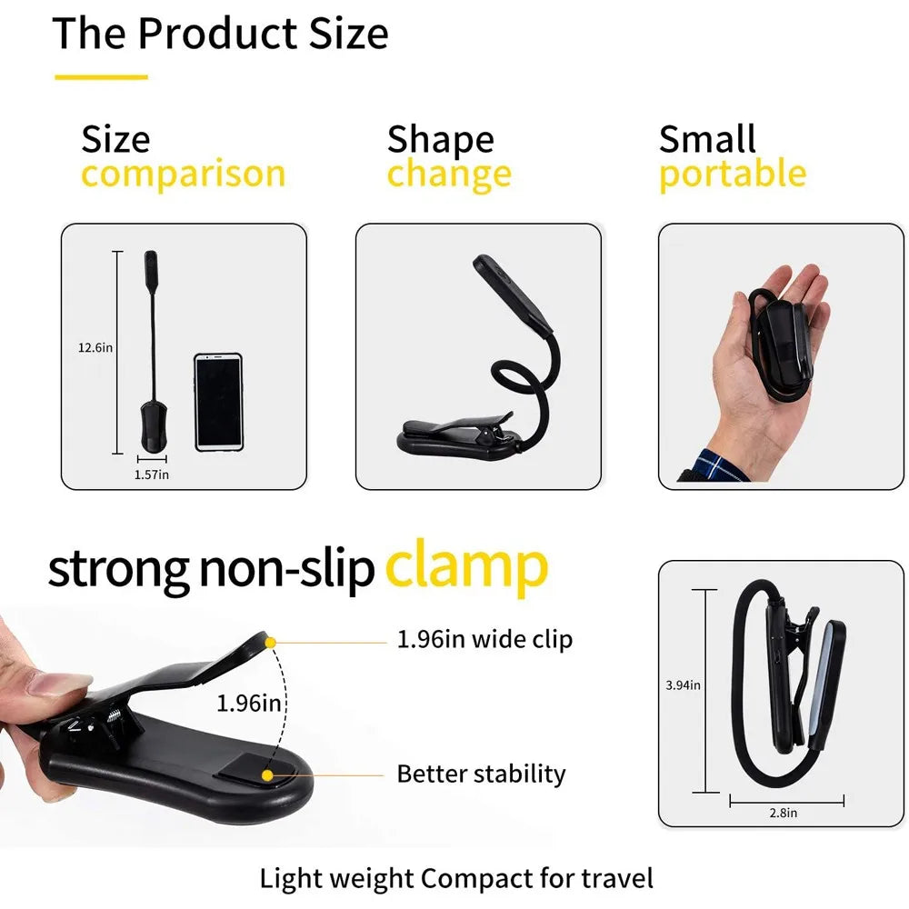USB Rechargeable LED Book Light with Flexible Clip - Smarsty