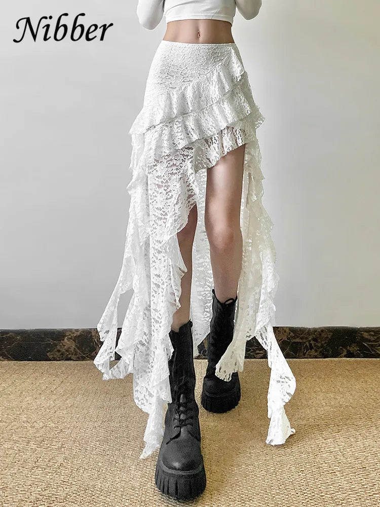 Nibber Tassels Women Skirts Irregular Hem Multi-Layered Ruffles Lace Patchwork Sweet Summer Trend Daily Skinny Versatile Bottoms - Smarsty