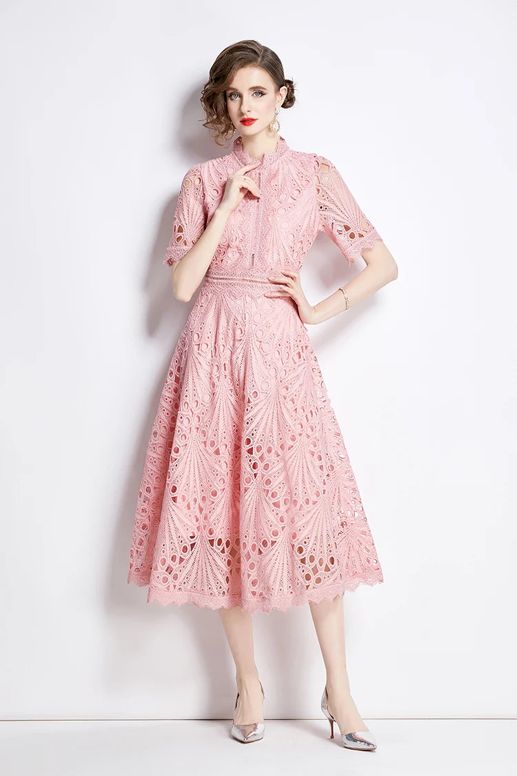 H Han Queen Spring New Elegant Casual Work Party Dresses Floral Crochet Hollow Out Lace Patchwork Casual Office Midi Dress - Smarsty