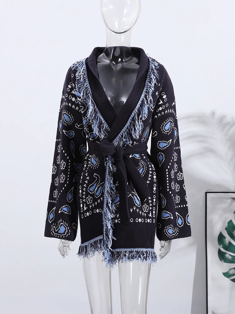 Tassel Patchwork Printed Cardigan Women Geometric Patterns Belts V-neck Long Sleeve Knitted Street Lady Sweater 2025 Autumn Coat - Smarsty