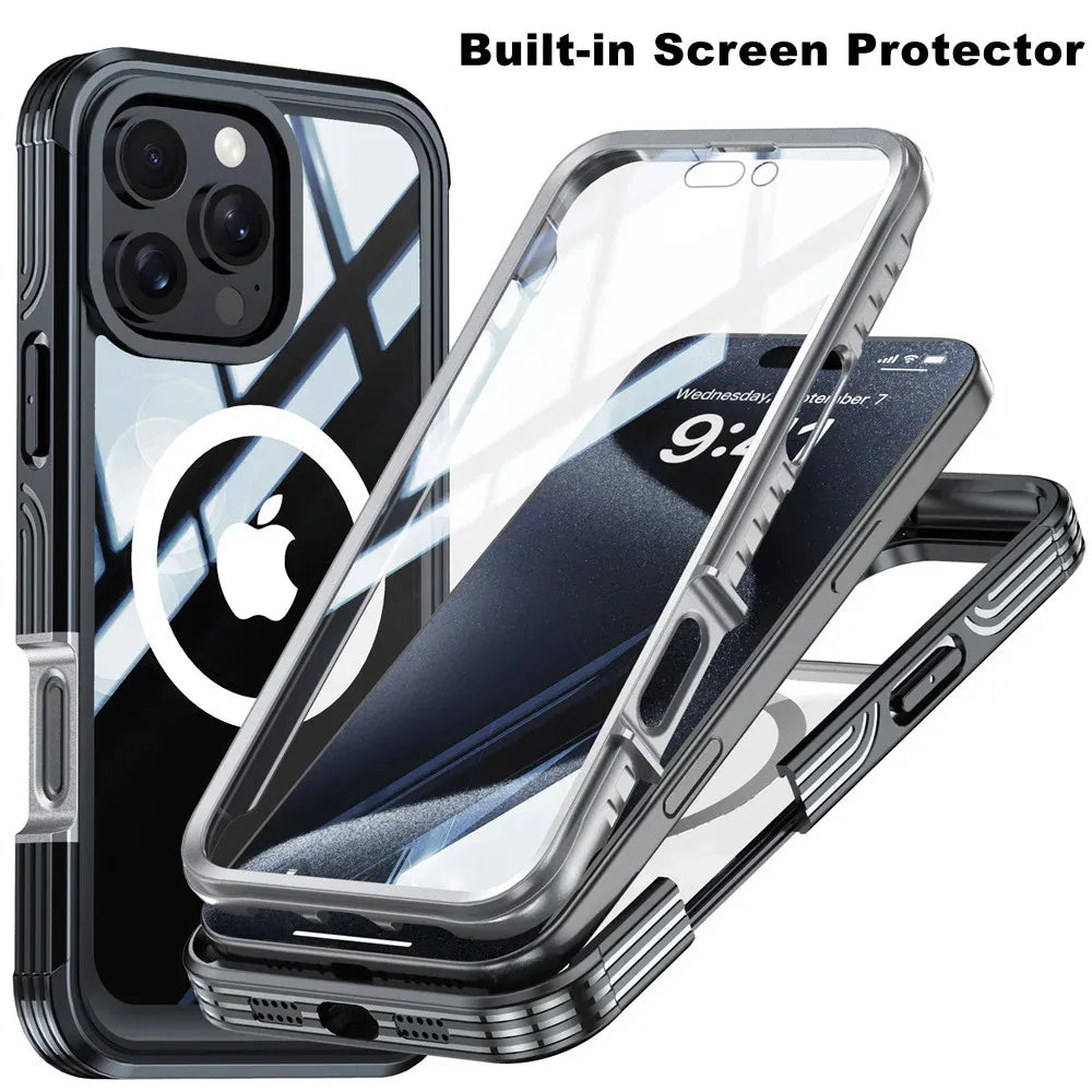 Full Body Protection Magnetic Case for iPhone 16 Pro Max 16e 15 Plus Cover Tempered Glass Magsafe Shockproof Fundas Coque Capa