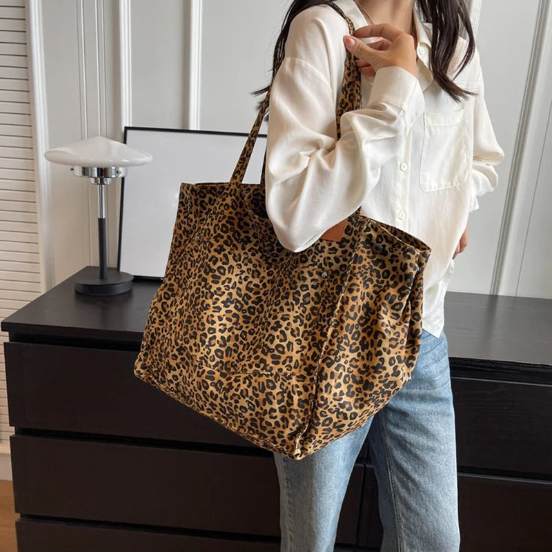 Leopard Pattern Tote Bag Vintage Canvas With Large Capacity - Smarsty
