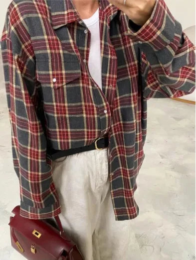 Oversized Plaid Shirt Autumn Winter Women Vintage Long Sleeve Fashion Loose Lapel Pocket Shirt Fit Blouse Korean Style - Smarsty