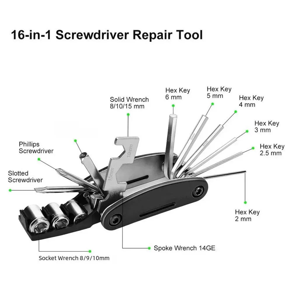 16 in 1 Portable Bicycle Repair Tools Kit Hex Wrench Nut Tire Screwdriver Motorcycle Bicycle Repair Tools - Smarsty