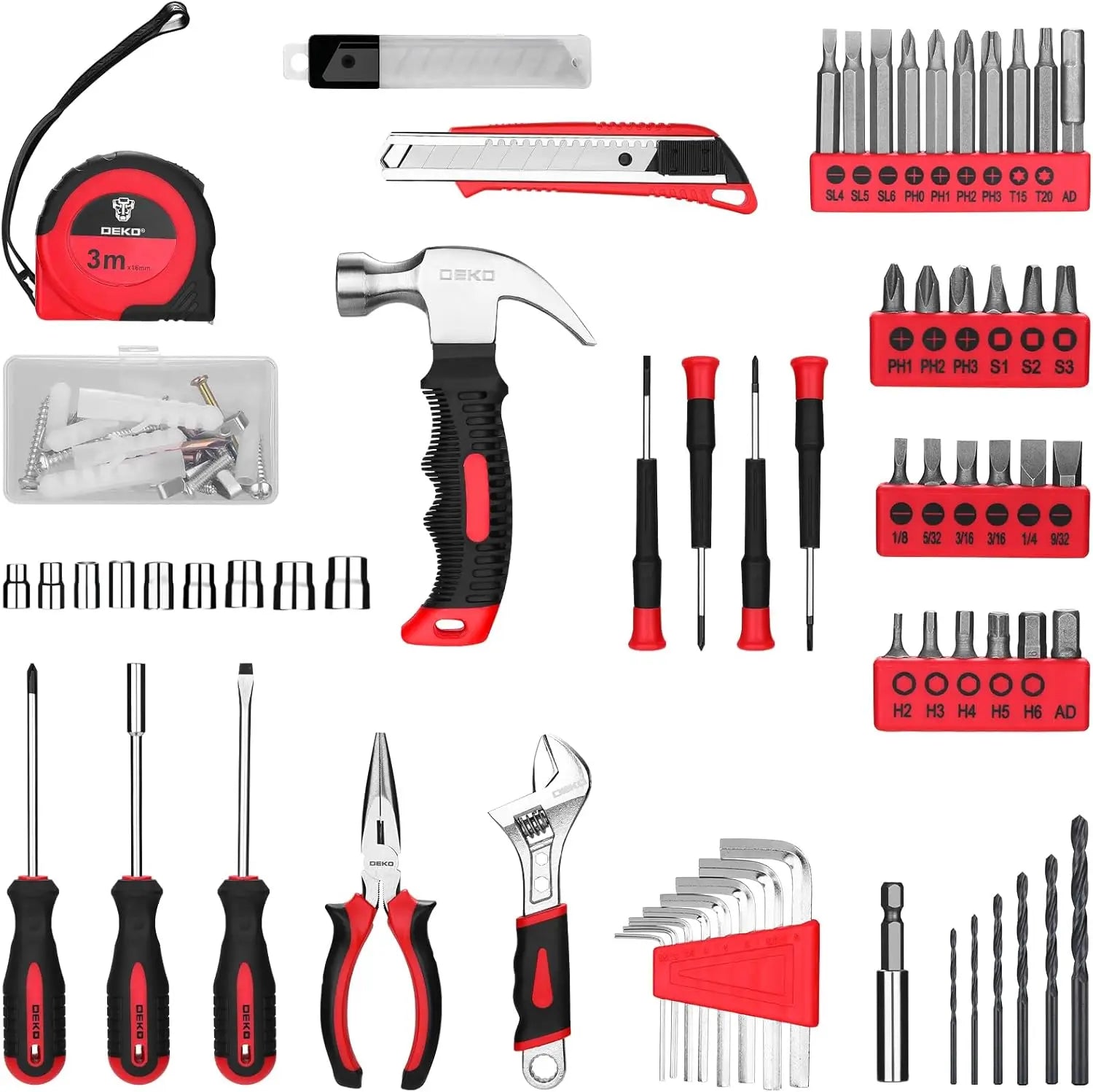 DEKO Drill Set Tool Set with 8V Red Cordless Drill, Home Tool Kit with Drill, Hand Tool Kits for Women 126 Piece