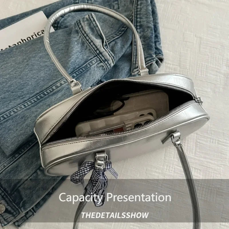 Large Capacity Silver Women Shoulder Bag Daily Use Casual - Smarsty