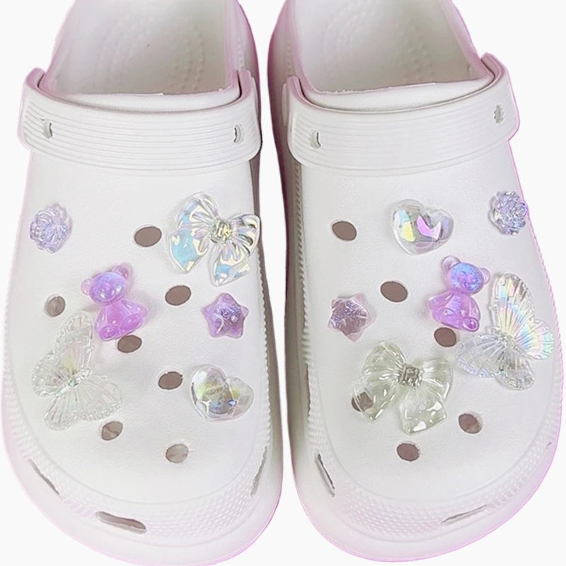 12PCS Fashion Shoe Charms Set Accessories Hole Shoe Buckle Transparent Butterfly Bear Crystal Heart DIY 3D Shoes Decorations