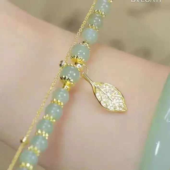 Exquisite Green Jade Bracelet for Women with Gold Leaves - Smarsty