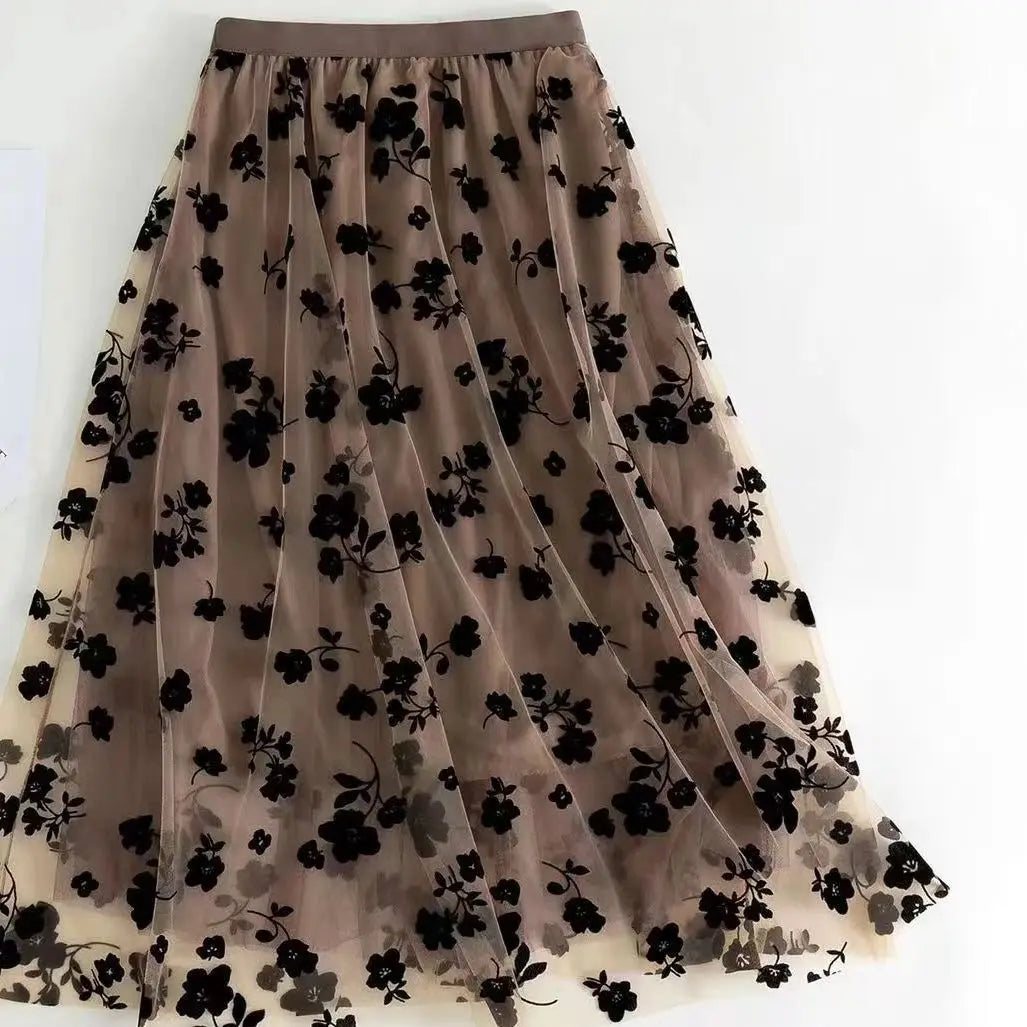 Korean Women Tulle Skirt Fashion Summer Hook Floral Loose Midi Skirt Elegant Female Casual All Match Mesh Skirts New - Smarsty