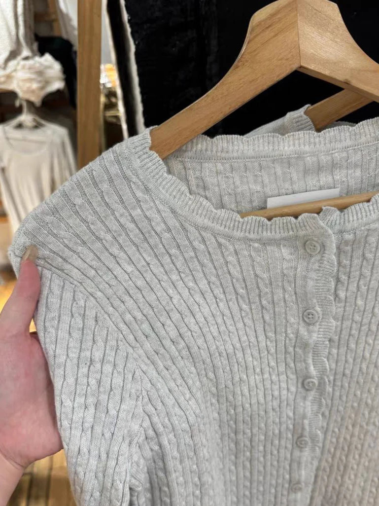 Pockets Twist Flower Knitted Sweater Cardigan O-Neck Single Breasted Long Sleeve Slim Sweaters Vintage Streetwear Gray Crop Tops - Smarsty