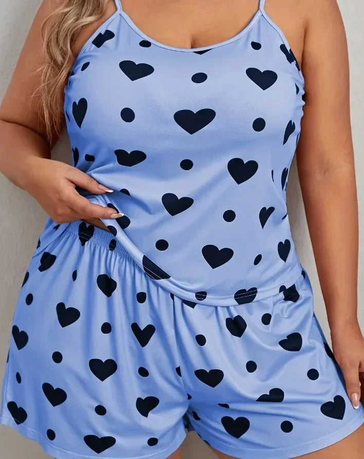 Plus Size Heart Print Women Pajama Set Sleeveless O Neck Crop Top & Elastic Waist Shorts 2 Pieces Female Sleepwear Nightwear - Smarsty