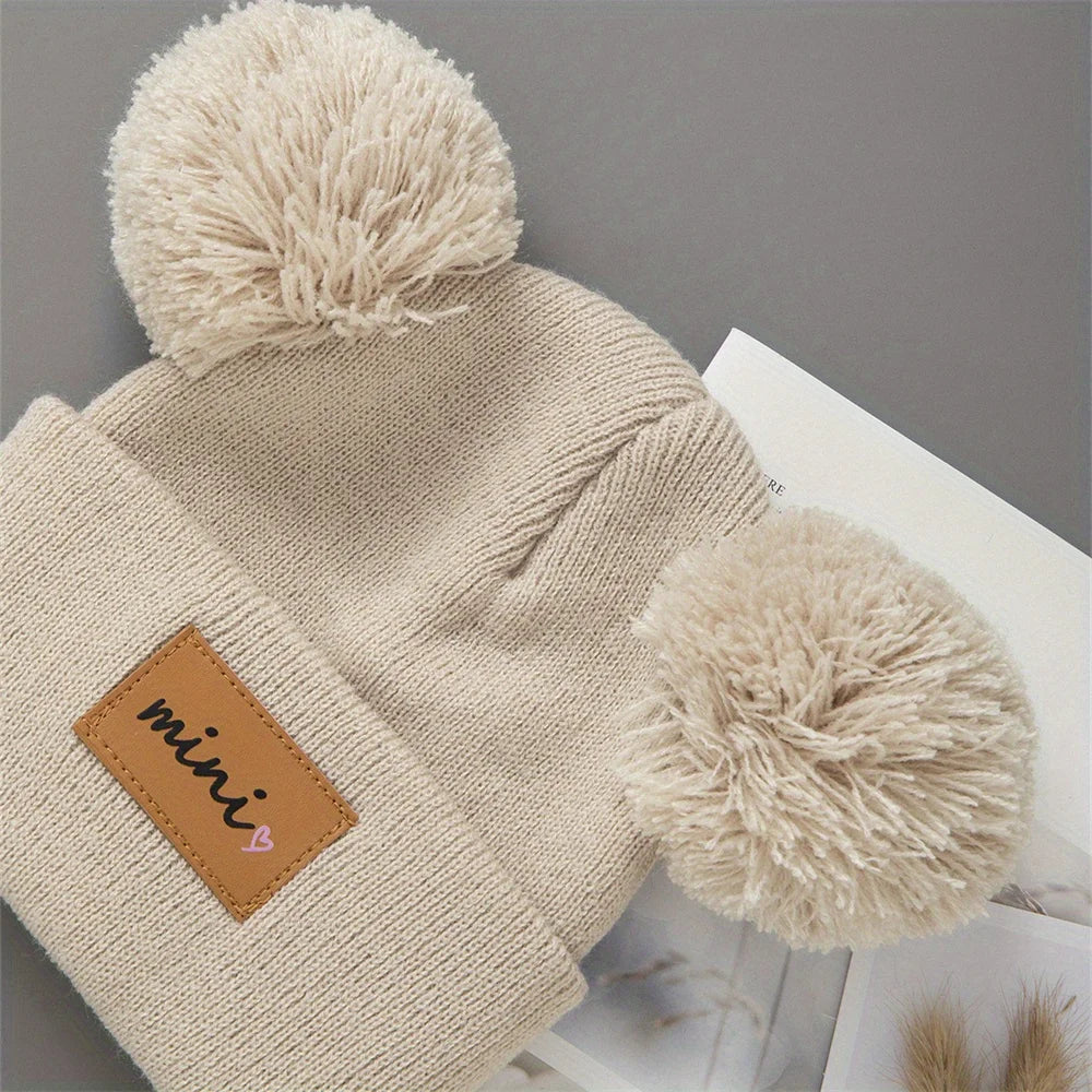 3pcs Breathable Stretchy Infant Knit Beanie with Heart Pompoms | Hand Washable, Mixed Colors