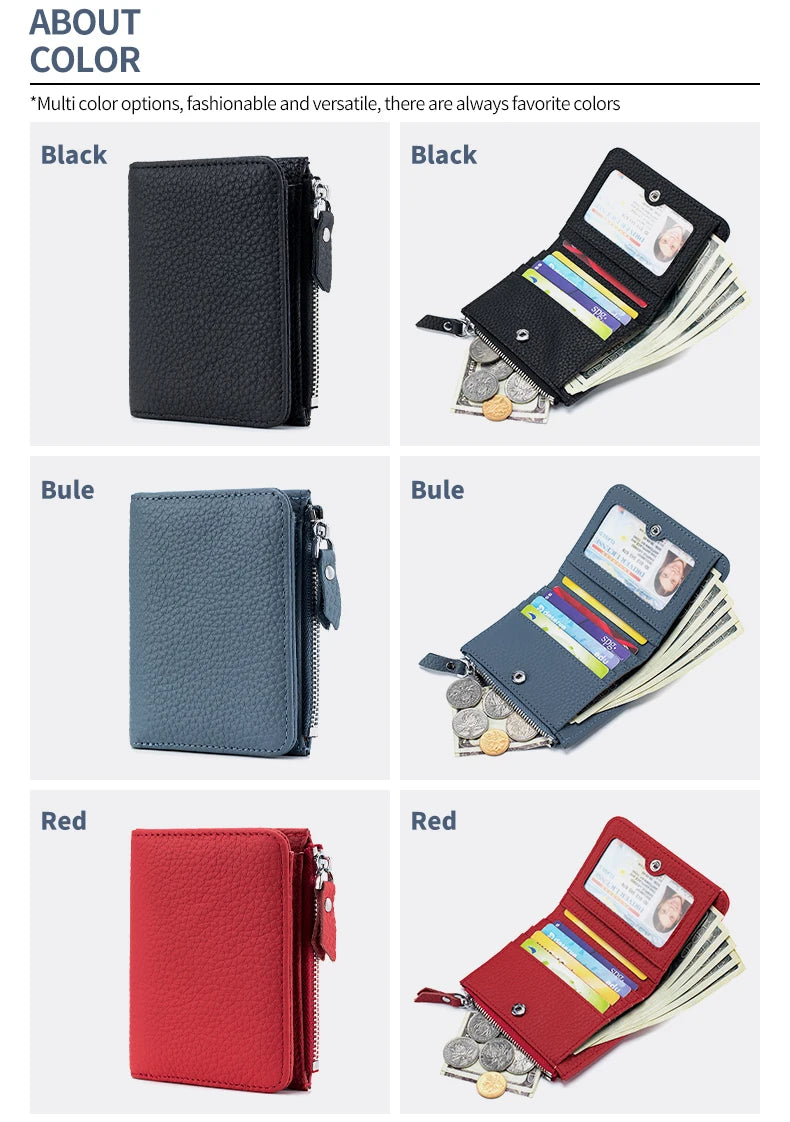 Genuine Leather Men Women Cute Short Wallet Luxury Solid Zipper Coin Purse rfid Bank Credit Card Holder Slim Small Money Bag