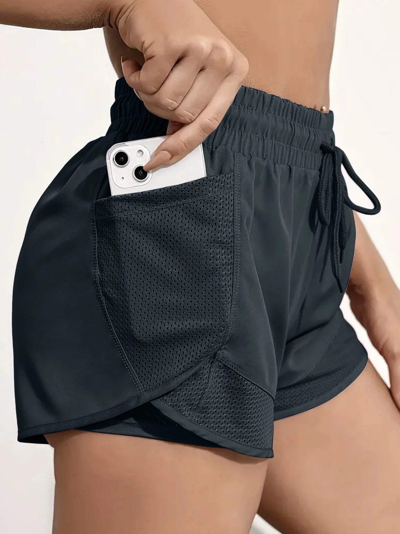 Women's Elastic Sports Shorts, Shorts With Pockets, Fake Two-Piece Yoga Leggings Running And Training - Smarsty