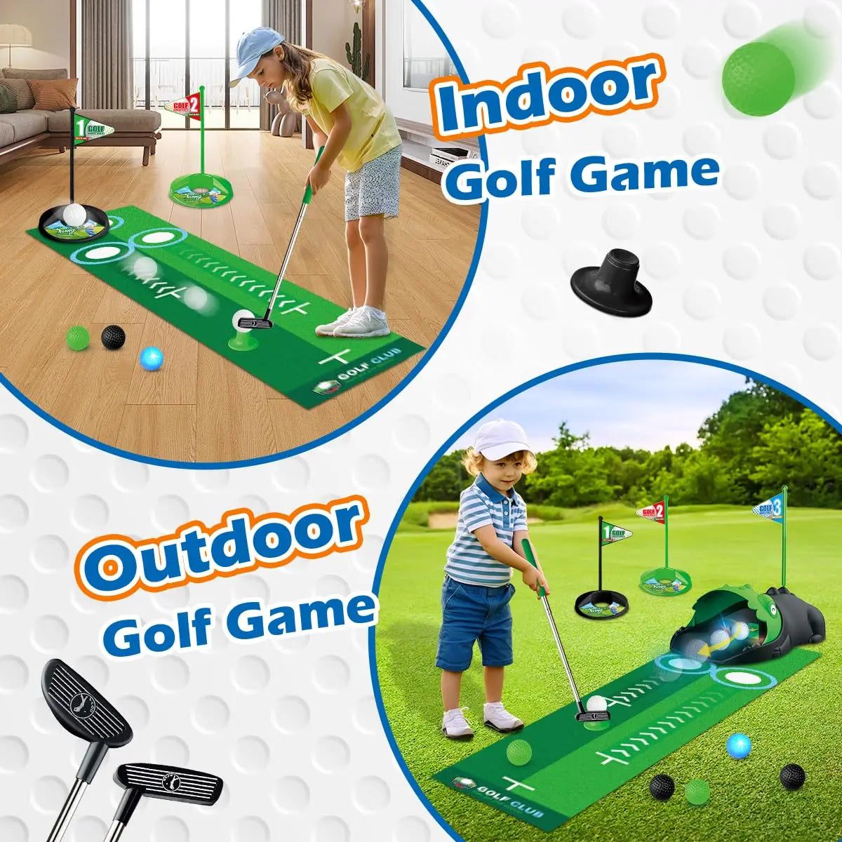Kids Toy Golf Club Set with LED Automatic Ball Returner, Golf Putting Mat Toddler Mini Golf Game Sports Gift for 3+ Boys Girls