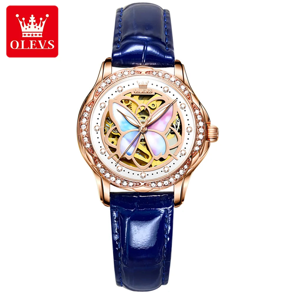OLEVS 6615 Womens Watch Original Bezel Ceramic Mechanical Automatic Wristwatch Waterproof Luminous Ladies Watch Butterfly Dial - Smarsty