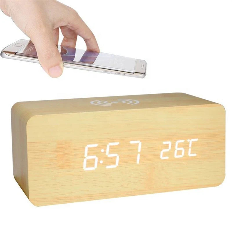 Wooden Digital Alarm Clock with Wireless Charging Feature - Smarsty