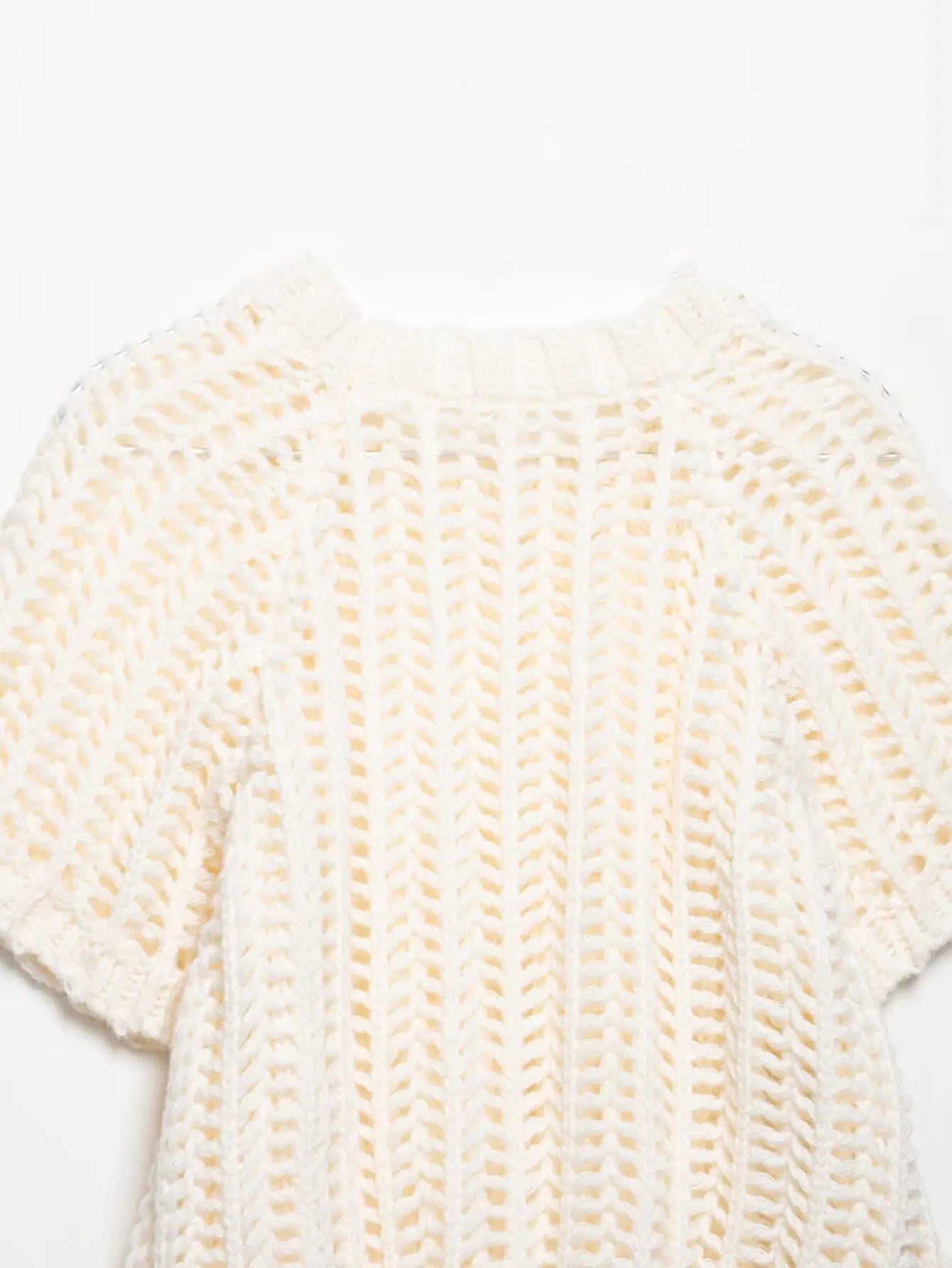 Hollow Out Knit Pullover Women Casual Round Neck Lace Up Bow Sweater Female Autumn Short Sleeves Solid Knitwears Lady - Smarsty