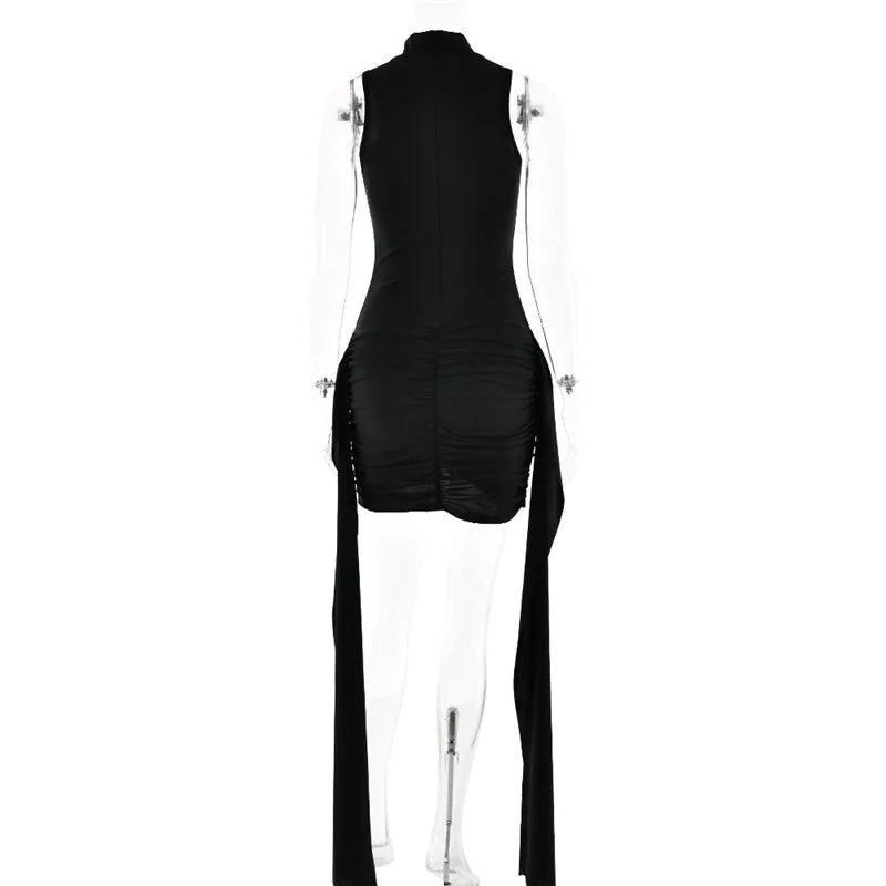 Mozision Turtleneck Sleeveless Sexy Mini Dress For Women Fashion Irregular Ruched Tank Dress Femme Elegant Club Party Dress - Smarsty