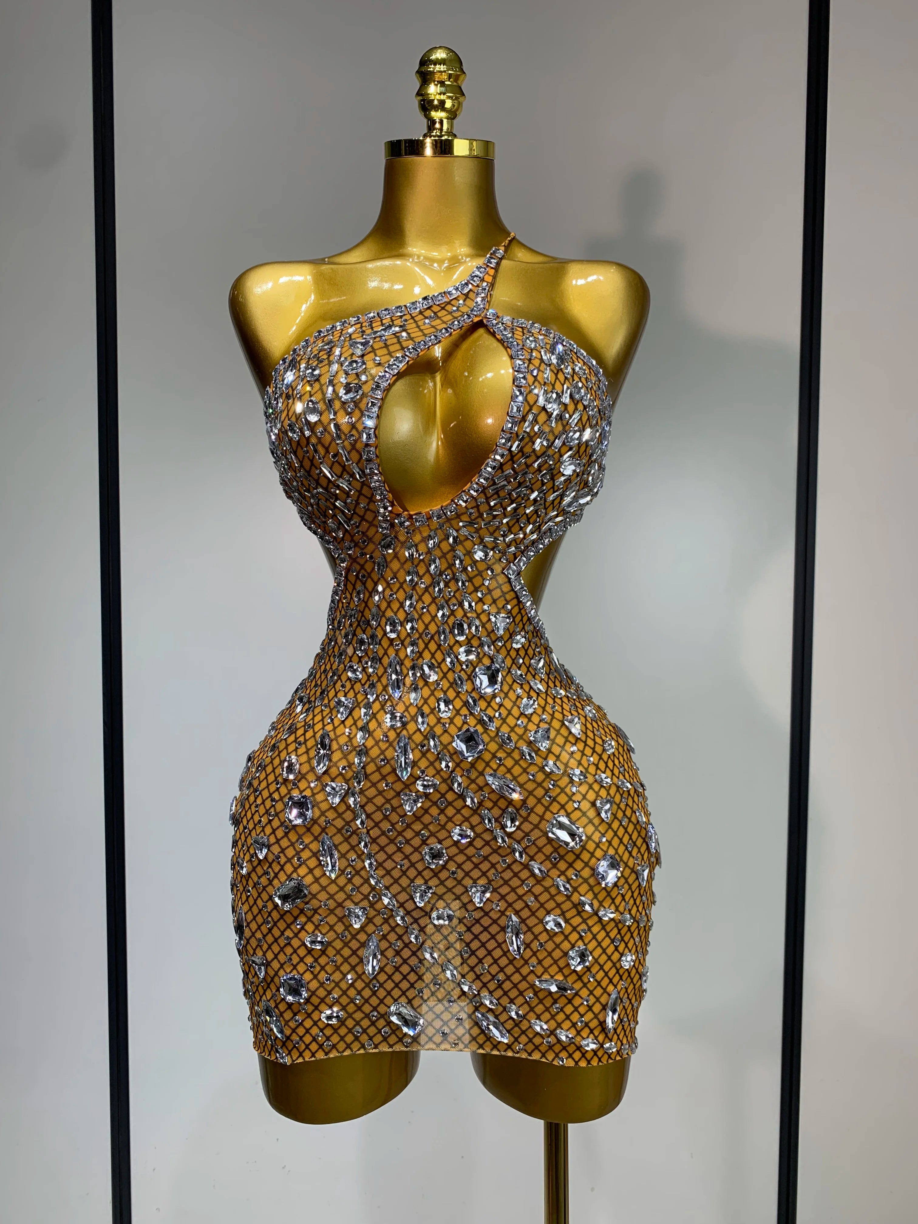 Sexy Sparkly Diamond Backless Short Dress 2025 Women Sleeveless Mesh See Through Evening Birthday Gown Singer Stage Outfit - Smarsty