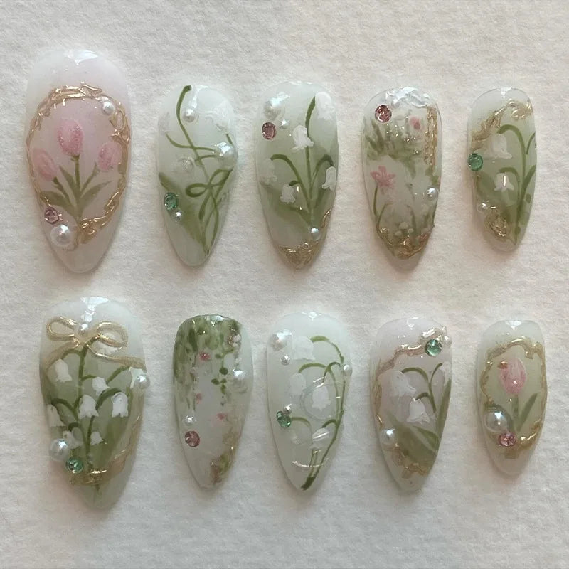 Colorful Press On Almond Nails Set with Pearl Flowers - Smarsty