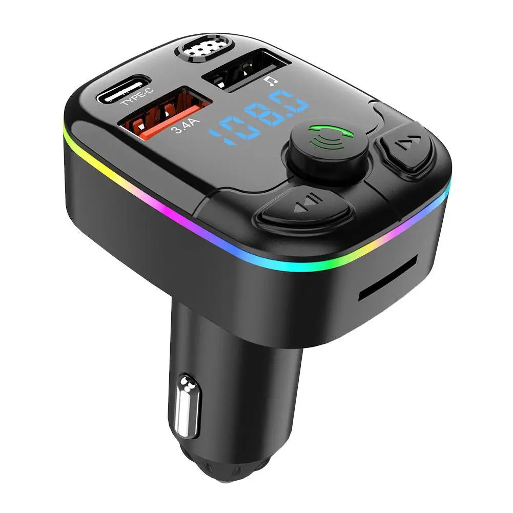 Bluetooth 5.0 Car FM Transmitter PD Type-C Dual USB Ambient Player Handsfree MP3 Charger Type-C Wireless Light PD QC3.0 Adapter - Smarsty