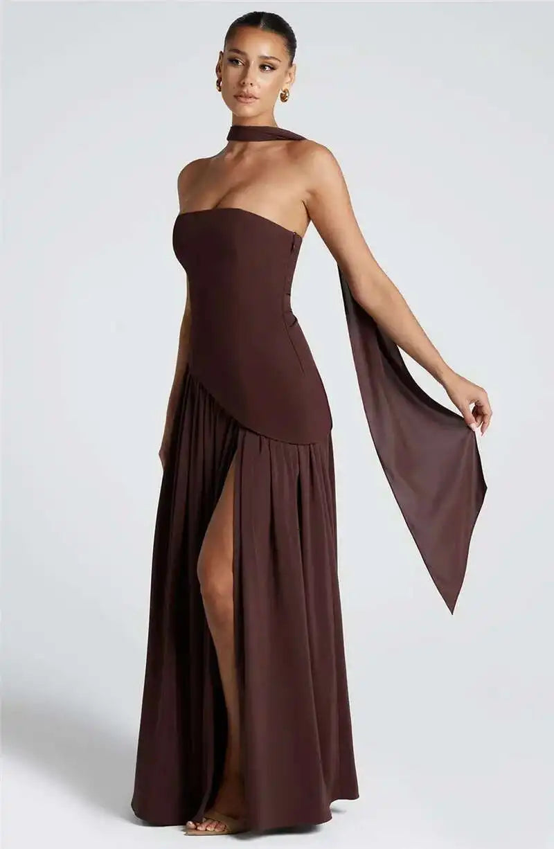 Mozision Strapless Off-shoulder Sexy Maxi Dress For Women Gown Patchwork Scarf Collar Thigh High Split Club Party Long Dress - Smarsty
