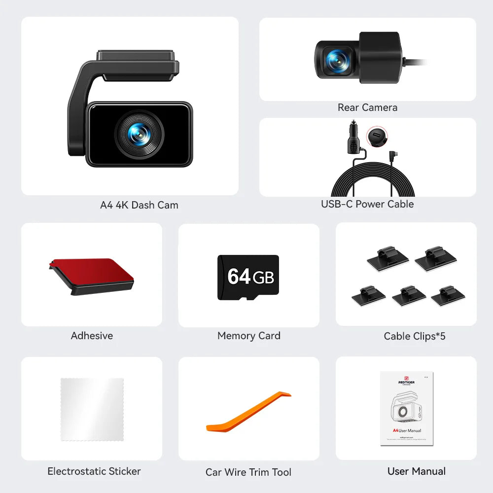 REDTIGER A4 4k Dash Cam Front and Rear Drive Recorder GPS& 5G WiFi Touch Screen Night Vision 24H Parking Mode Voice Control