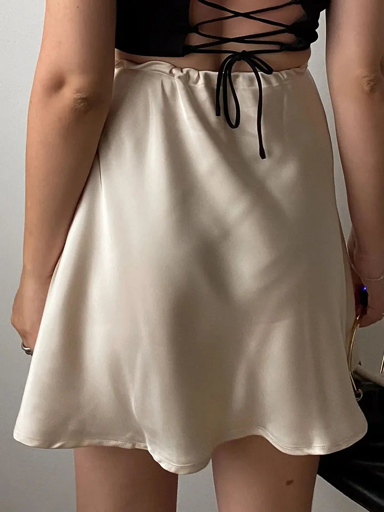 Satin Mini Skirts Women Summer Beige Silk Short Skirt For Woman Drawstring High Waist Black Satin Skirt A Line Women Short 2025 - Smarsty