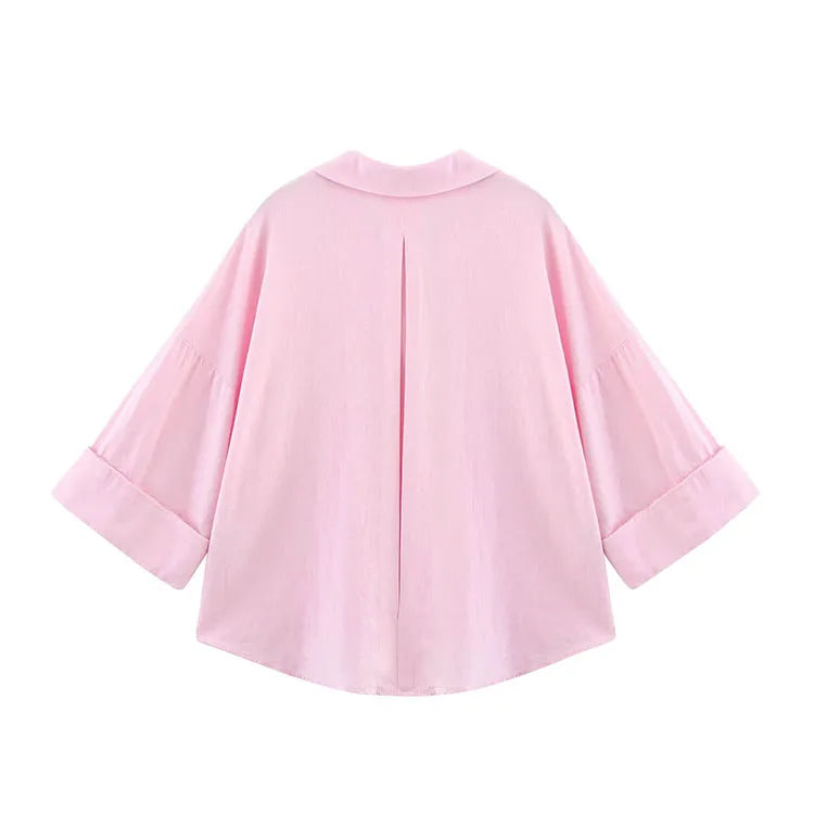 HipSeam Wide Sleeved Shirt Women Spring Asymmetric Hem Button Women's Shirts Simple Lady Johnny Collar Linen Shirts & Blouses - Smarsty