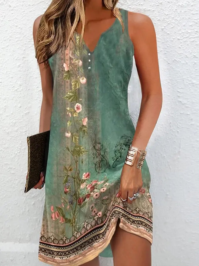 Women's Dresses Summer Fashion Stitching V Neck Loose Bohemian Vacation Woman Basic sleeveless Vestidos - Smarsty
