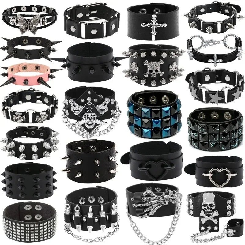 Unisex PU Leather Punk Bracelet with Spikes and Skull - Smarsty