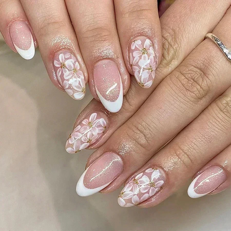 24Pcs Pink Almond False Nails with French Design - Smarsty