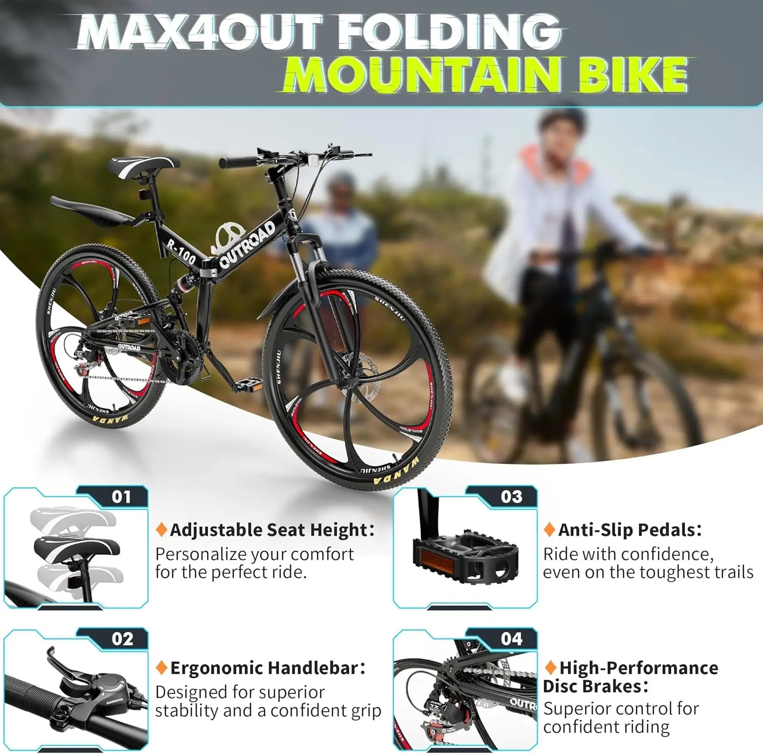 26 inch Folding Mountain Bike, Carbon Steel Frame and 21 Speed, Double Disc Brake and Dual Suspension Folding Bike - Smarsty