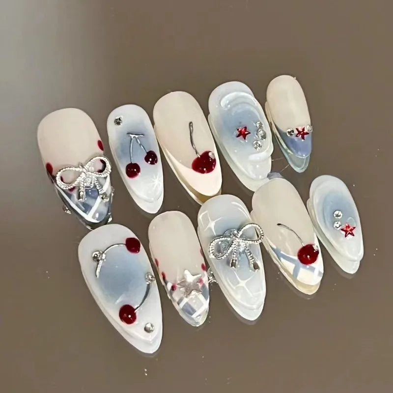 10Pcs Handmade French Almond Press On Nails with Cherries Design - Smarsty