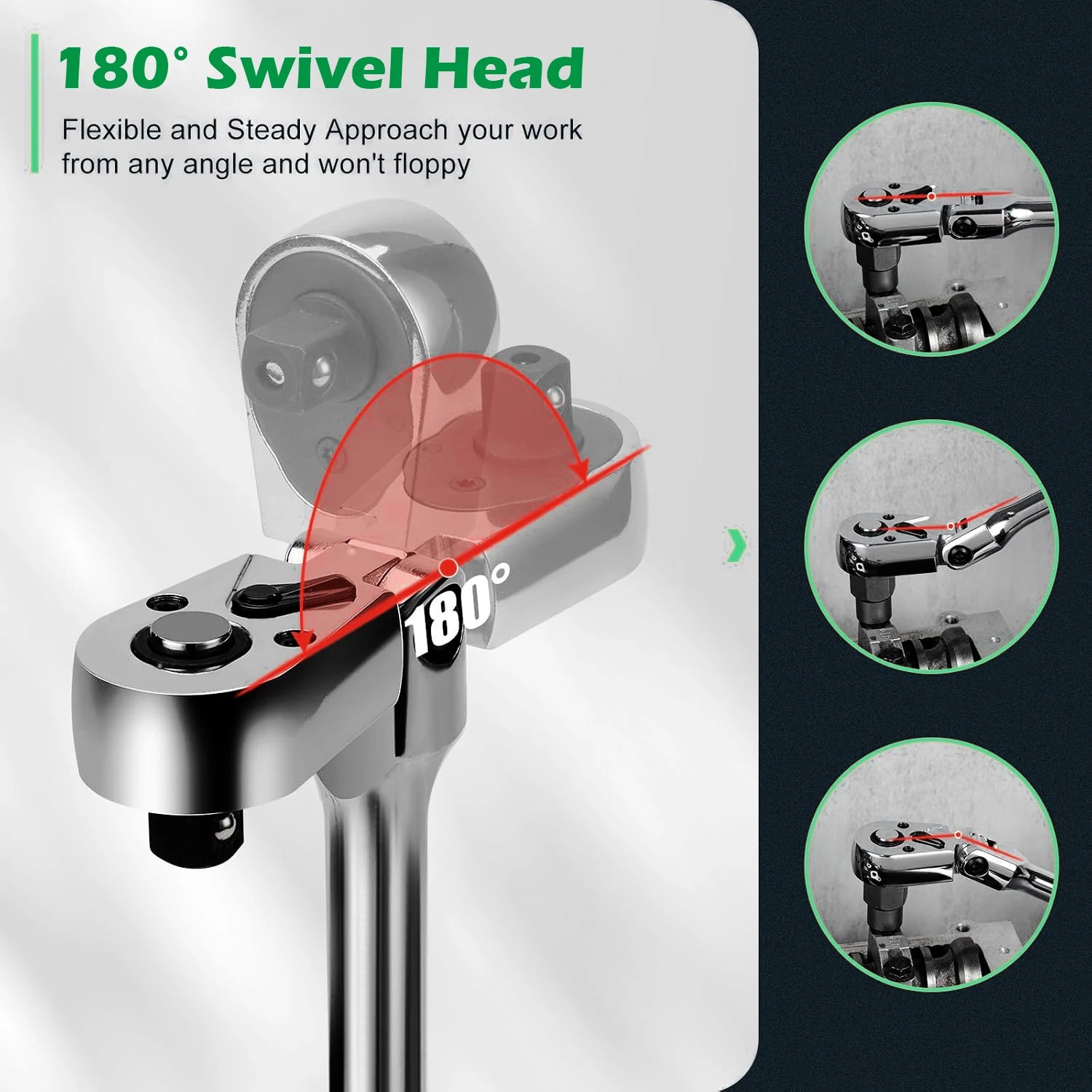 3-Piece Flex Head Ratchet Set, 1/4", 3/8", 1/2" Drive, 72-Tooth Ratchet with Chromium Plating Quick Release Reversible Design