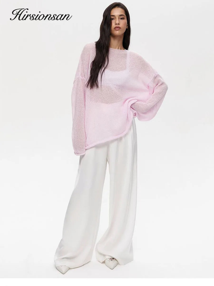 Hirsionsan Elegant Sweater Women 2024 Summer Autumn Casual Fashion Loose Women Pullovers Chic Pink White Jumper Sueter Mujer - Smarsty