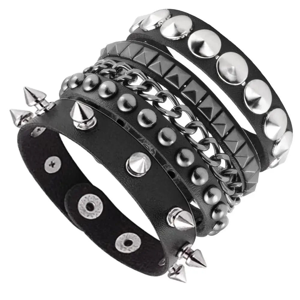 Black Goth Leather Bracelets Set with Rivet Spikes - Smarsty