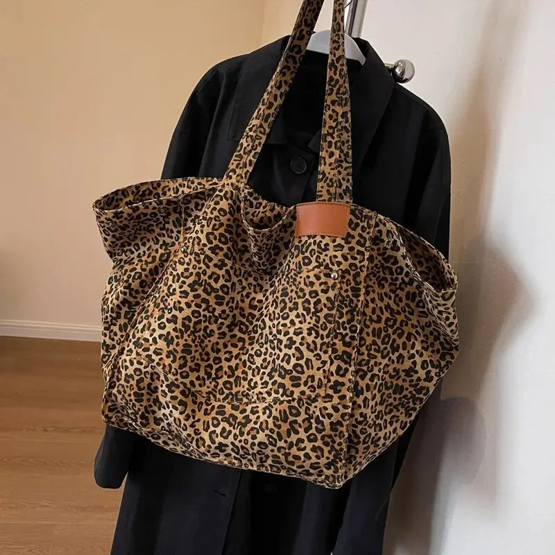 Leopard Pattern Tote Bag Vintage Canvas With Large Capacity - Smarsty