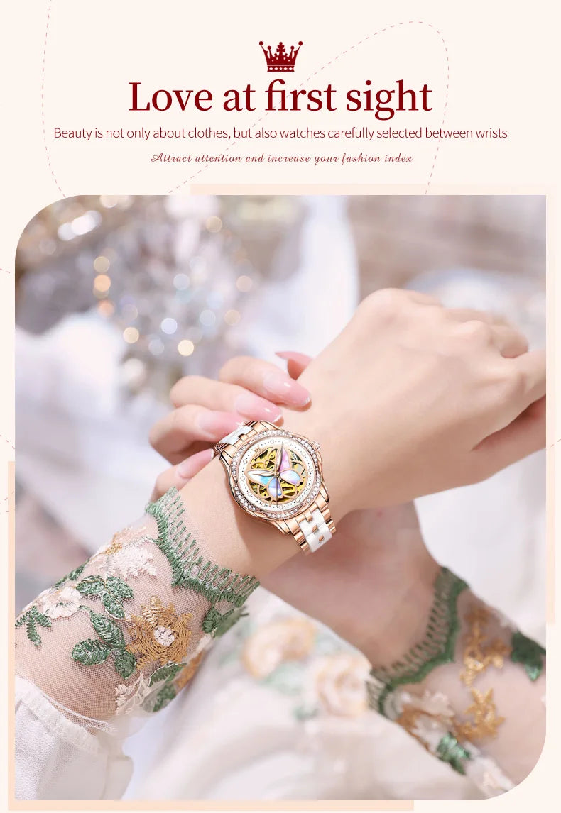 OLEVS 6615 Womens Watch Original Bezel Ceramic Mechanical Automatic Wristwatch Waterproof Luminous Ladies Watch Butterfly Dial - Smarsty