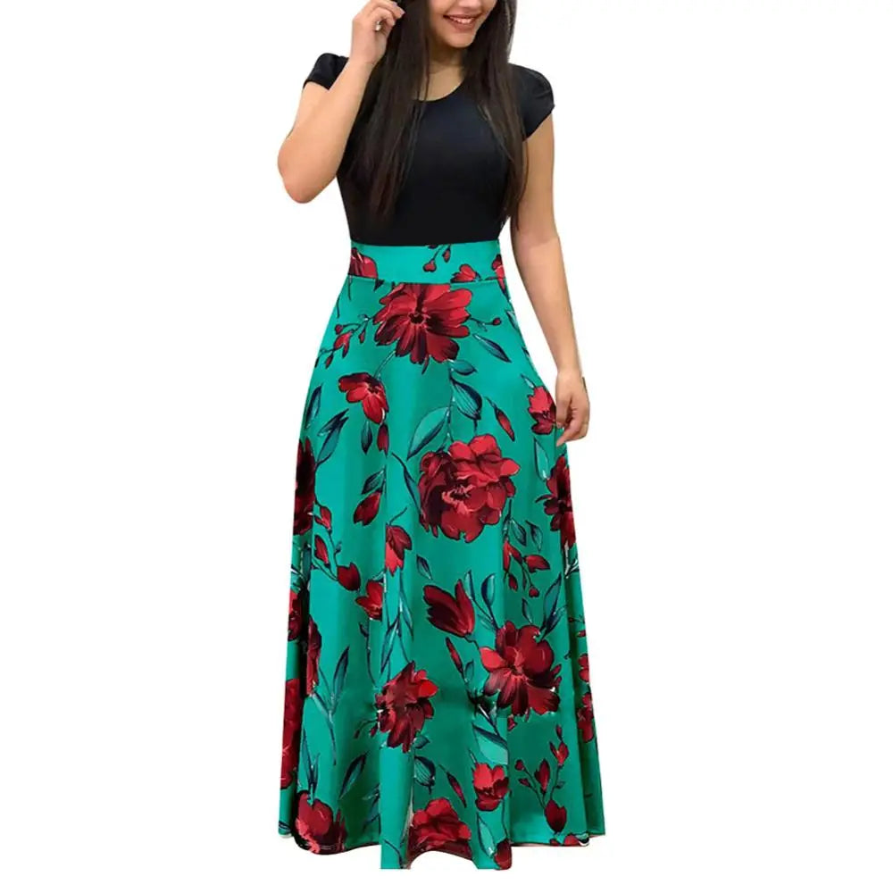 Elegant Women's Long Dress Flower Retro Printed Patchwork Long Sleeve Banquet Maxi Robe S-5XL - Smarsty