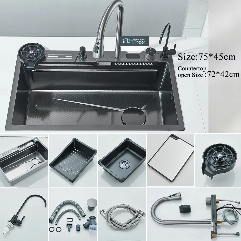 Large Stainless Steel Kitchen Sink with Digital Faucet Display - Smarsty