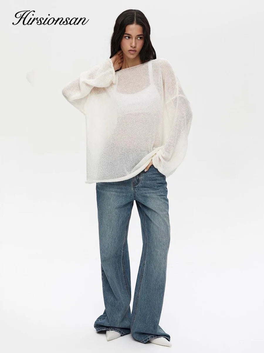 Hirsionsan Elegant Sweater Women 2024 Summer Autumn Casual Fashion Loose Women Pullovers Chic Pink White Jumper Sueter Mujer - Smarsty