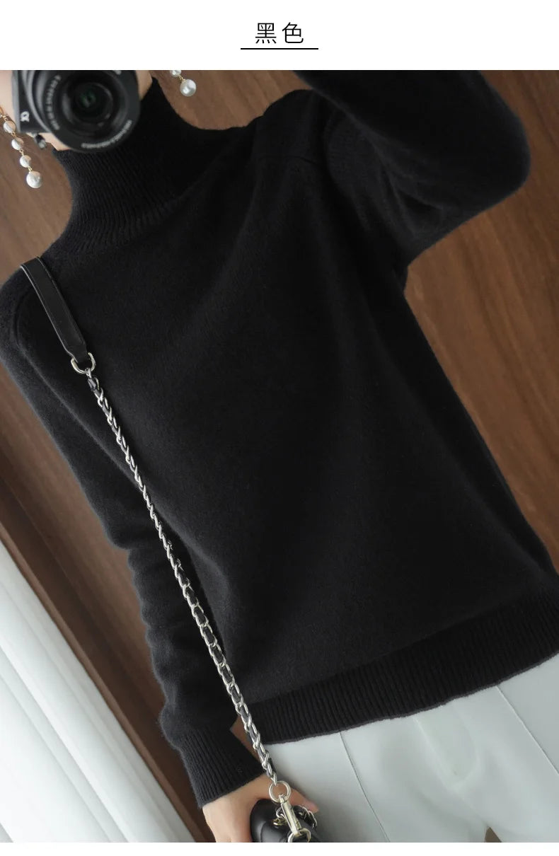 Fashion Basic Autumn Winter Merino Wool Sweater Mock Neck Cashmere Pullover Solid Color Soft Long Sleeve Clothing Tops - Smarsty